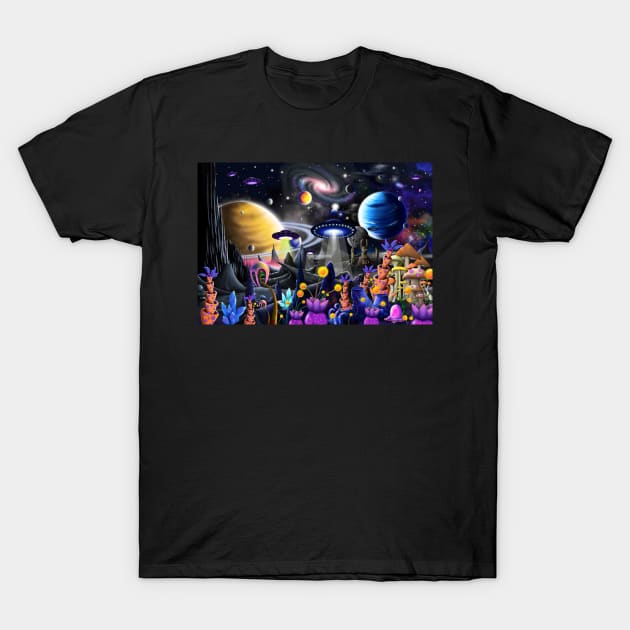 Alien Moon City T-Shirt by GeraldNewtonArt